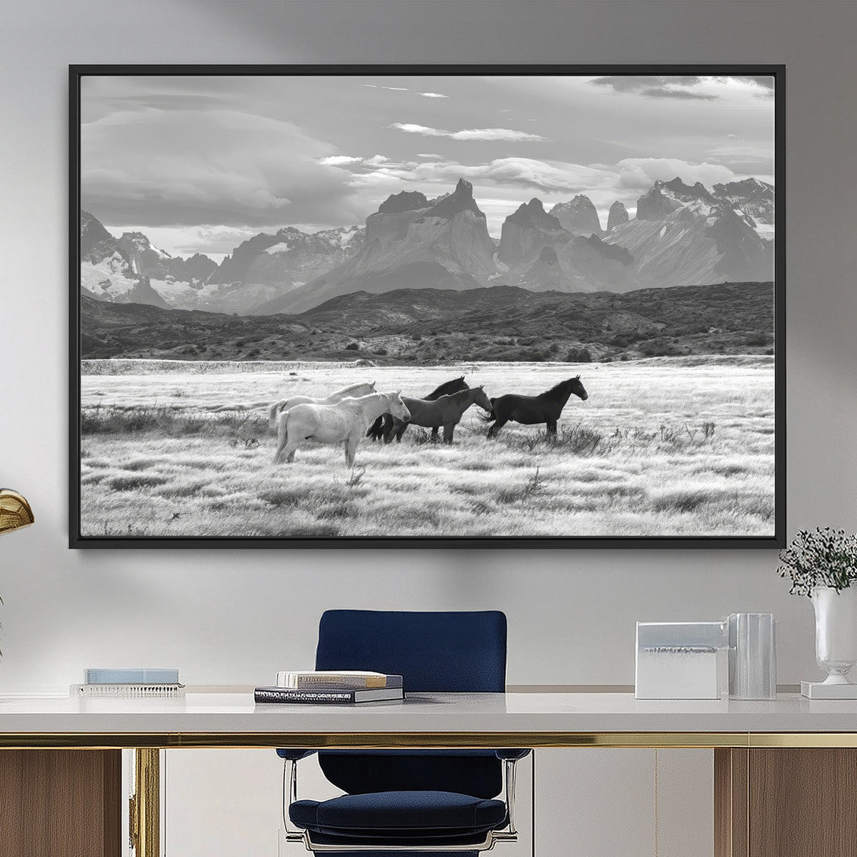 Wild Horses Wall Art | Framed Black White Mountain Canvas