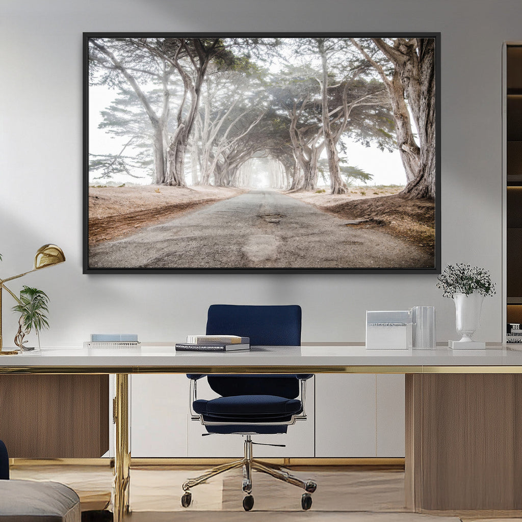 Cypress Tunnel Wall Art | Framed Misty Road Canvas Artwork