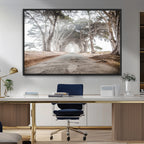 Cypress Tunnel Wall Art | Framed Misty Road Canvas Artwork