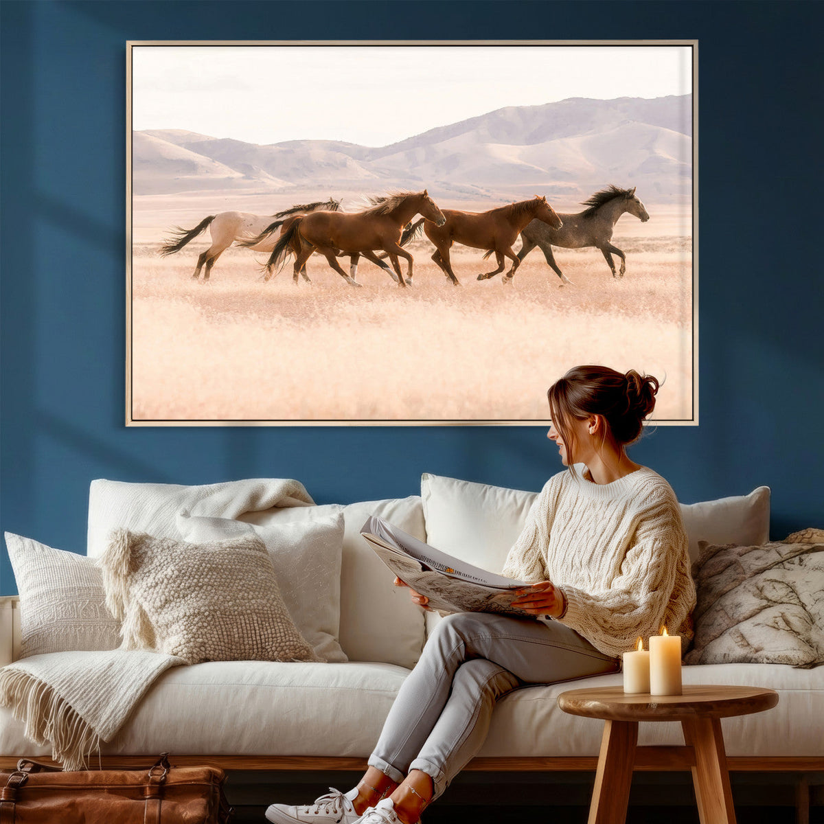 Wild Horse Wall Art Canvas Print, Framed Rustic Western Art, Desert Horse Scene