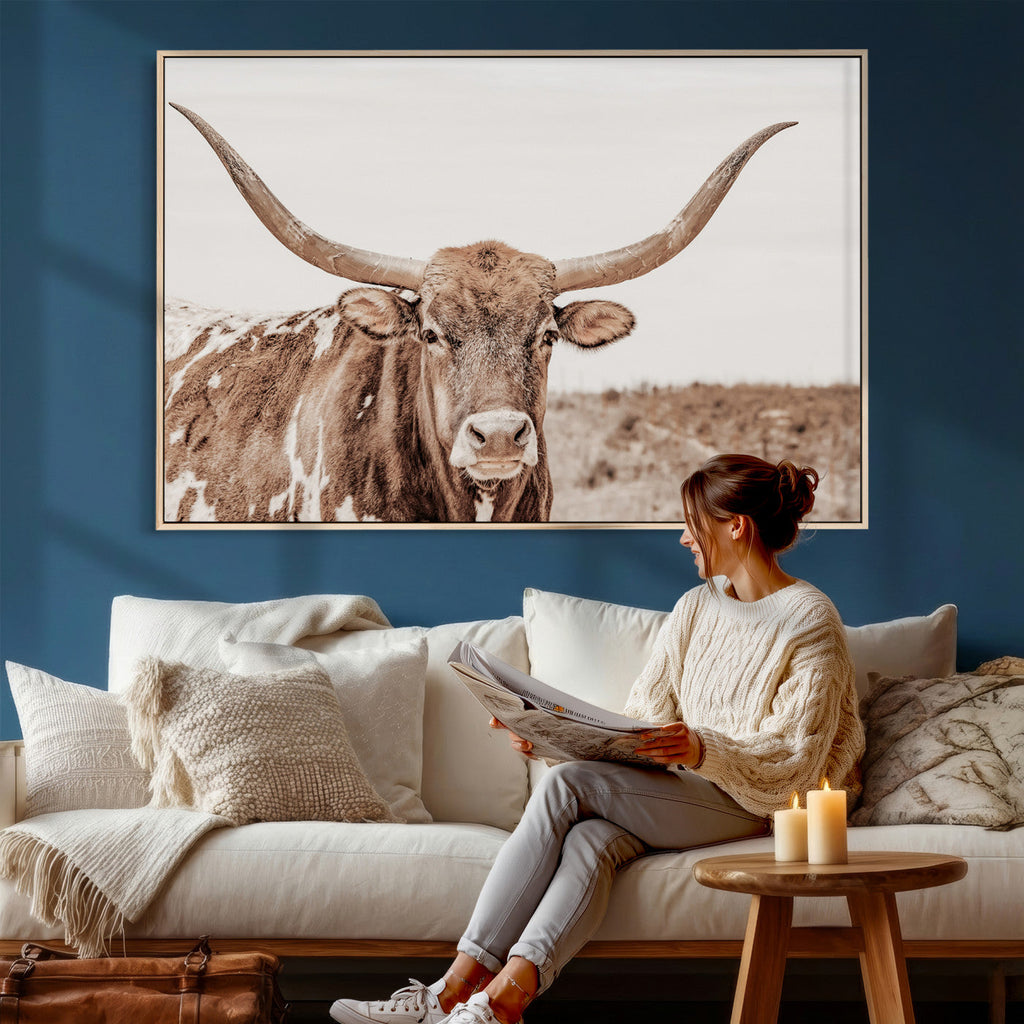Longhorn Cow Wall Art Canvas Print, Framed Texas Ranch Print, Western Bull Art, Cowboy Decor