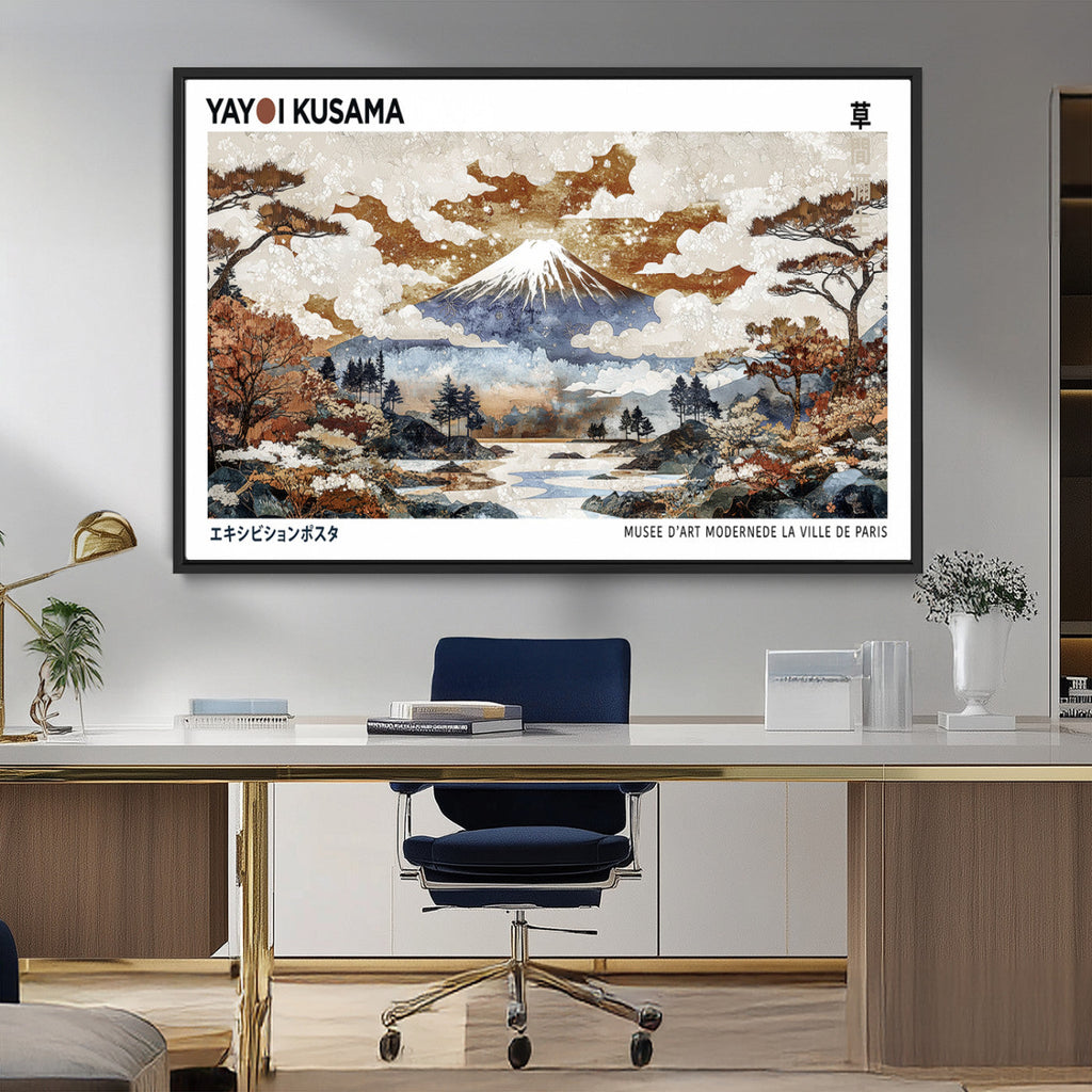 Modern Japanese Wall Art Canvas Print, Framed Abstract Mount Fuji Landscape, Yayoi Kusama Canvas Wall Art