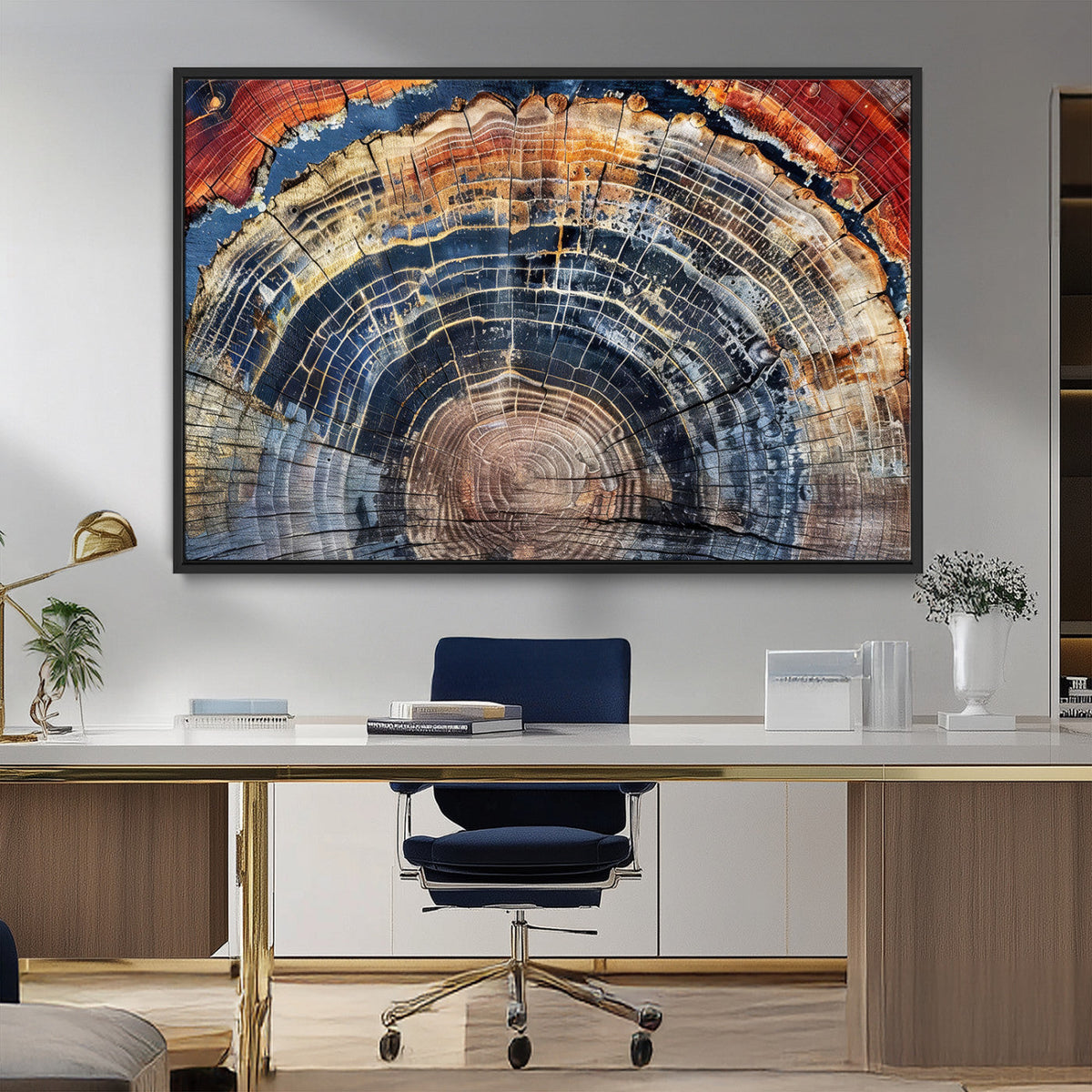 Tree Rings Wall Art Canvas Print, Framed Petrified Wood Modern Rustic