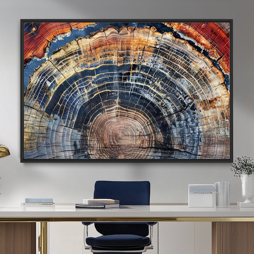 Tree Rings Wall Art Canvas Print, Framed Petrified Wood Art, Modern Rustic Decor
