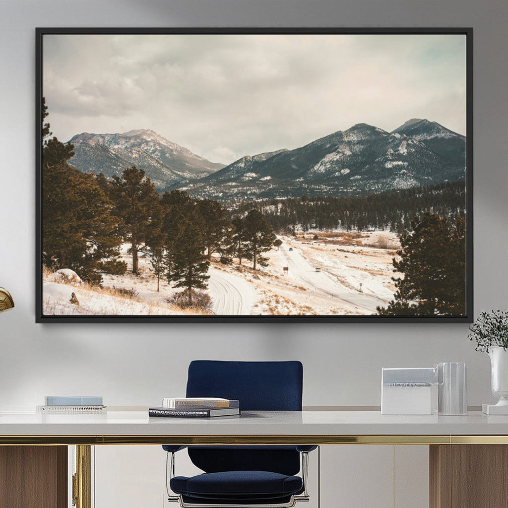 Mountain Landscape Wall Art Canvas Print, Framed Snowy Peaks Alpine Winter