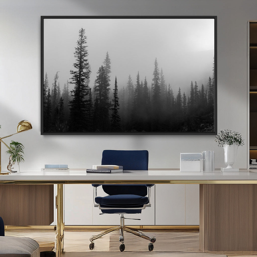 Misty Pines Wall Art Canvas Print, Framed Woodland Minimalist Black and White