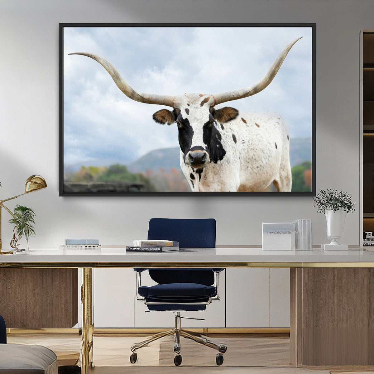 Texas Longhorn Wall Art Canvas Print, Framed Western Rustic Farmhouse