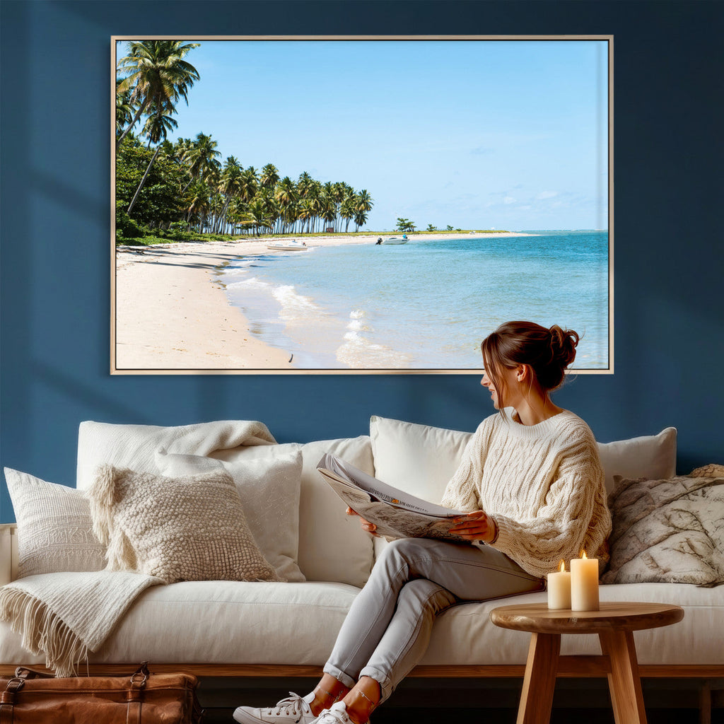 Palm Tree Coast Wall Art Canvas Print, Framed Island Getaway with Crystal Blue Water