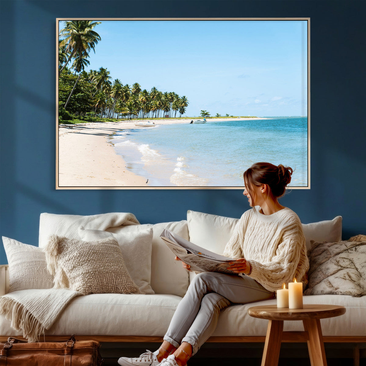 Palm Tree Coast Wall Art Canvas Print, Framed Island Getaway with Crystal Blue Water