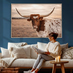 Texas Longhorn Cow Canvas Wall Art, Majestic Bull on a Rustic Western Farm