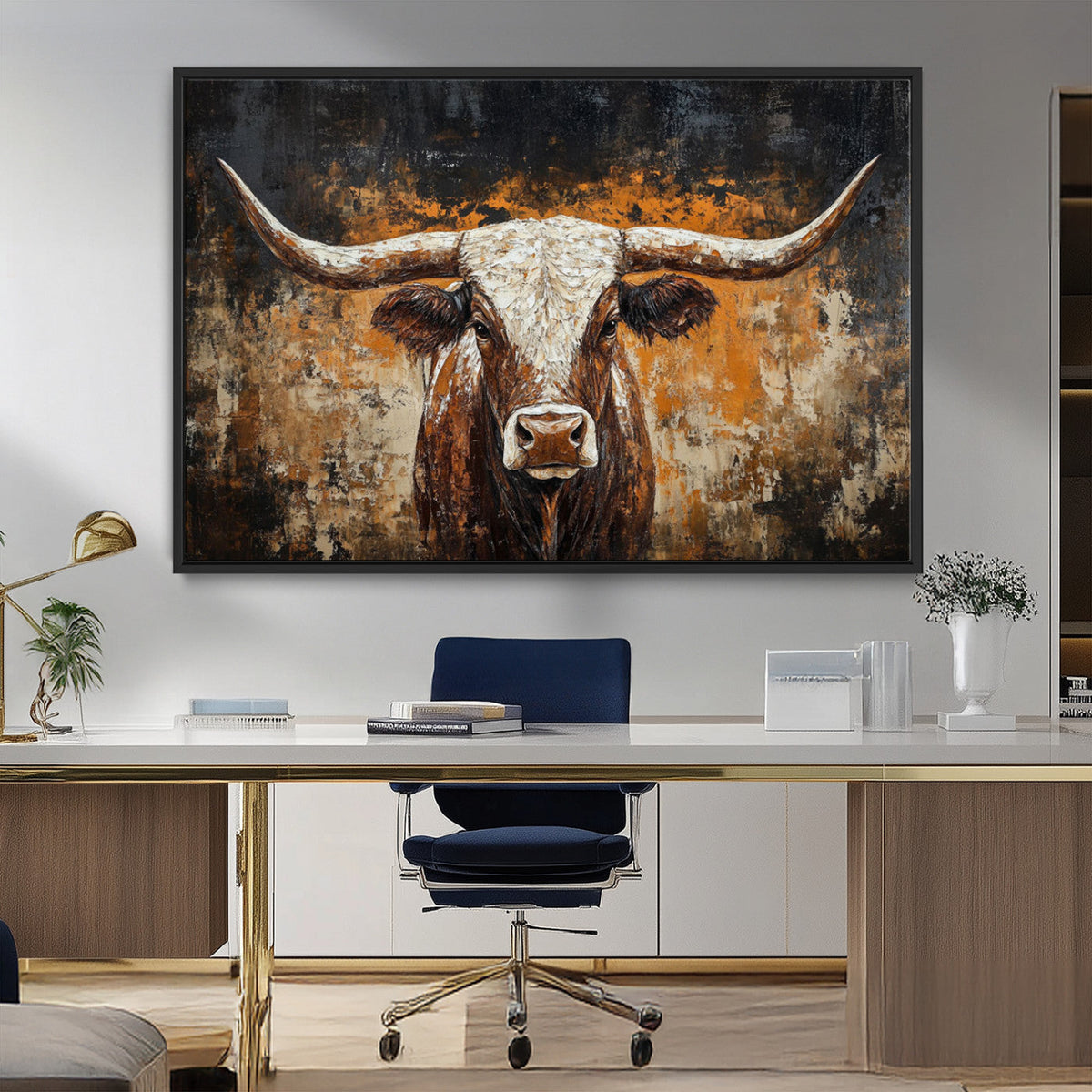Abstract Longhorn Bull Wall Art Canvas Print, Vintage Western Texas Steer Artwork
