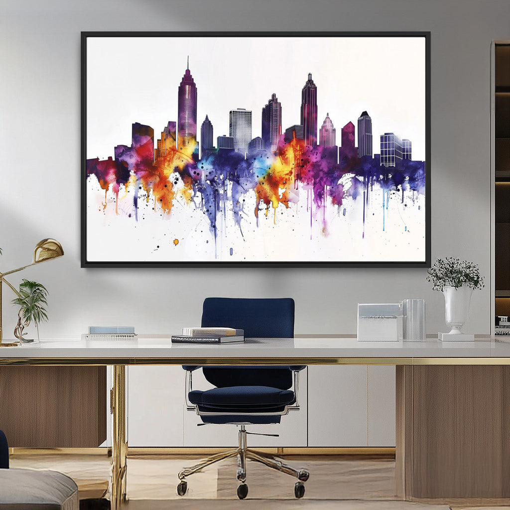 Atlanta Skyline Wall Art Canvas Print, Framed Colorful Watercolor Cityscape