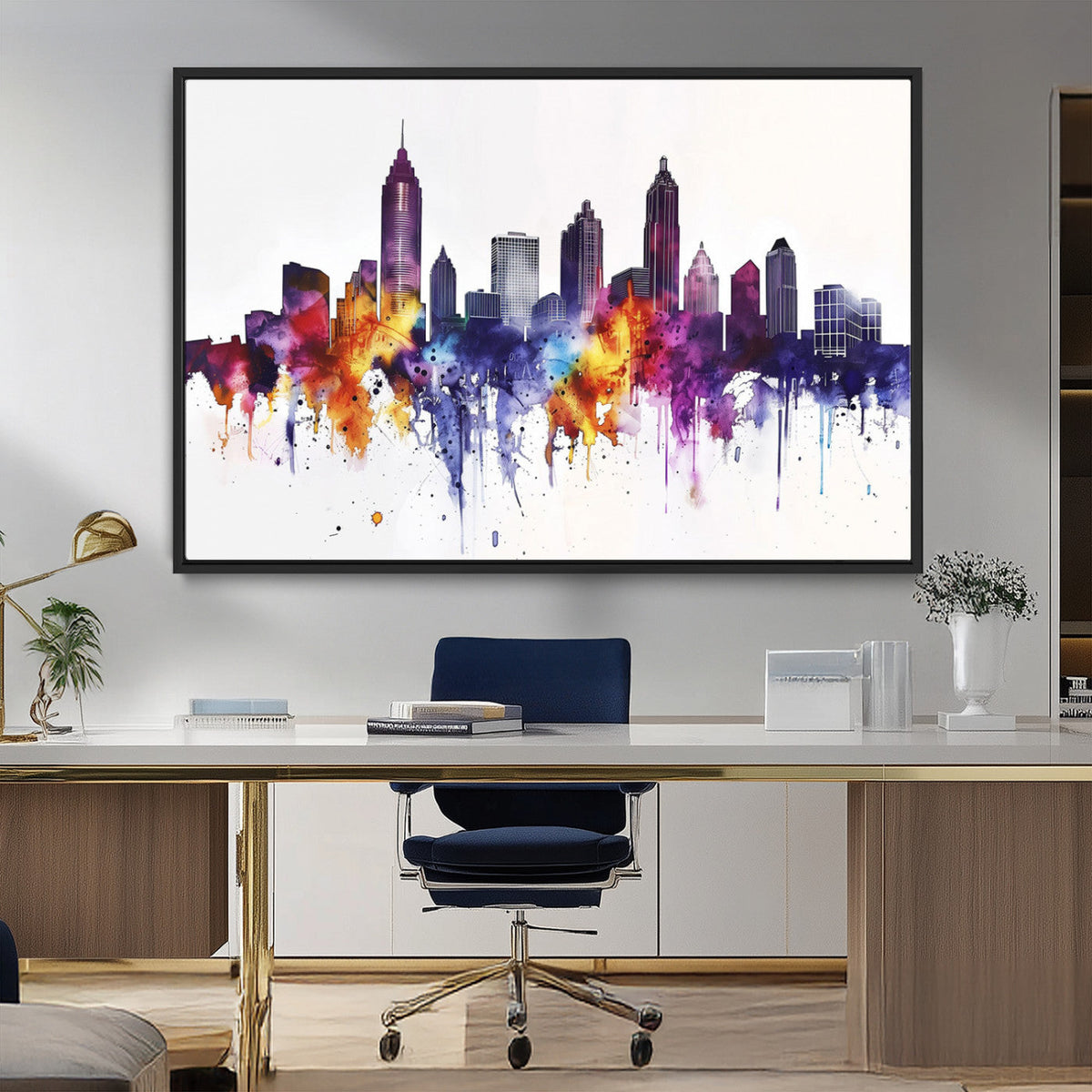 Atlanta Skyline Wall Art Canvas Print, Framed Colorful Watercolor Cityscape