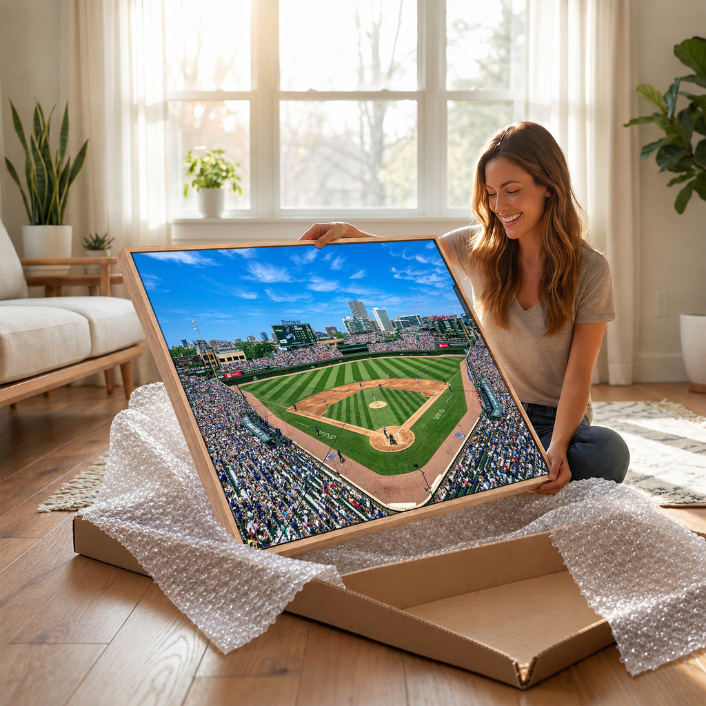 Wrigley Field Baseball Stadium Canvas Wall Art, Packed Crowd and Chicago Skyline