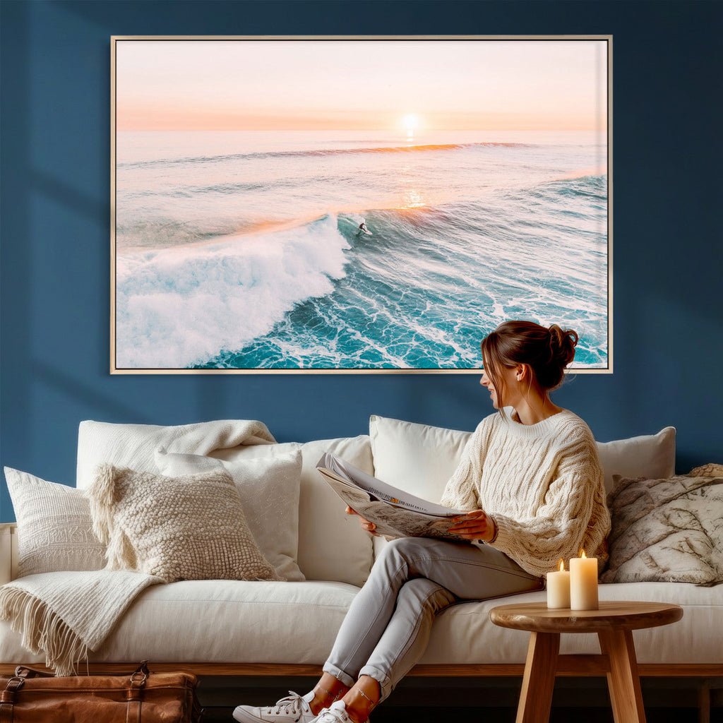 Sunset Surfing Wall Art Canvas Print, Ocean Wave Surfer with Golden Sky