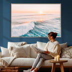 Sunset Surfing Wall Art Canvas Print, Ocean Wave Surfer with Golden Sky