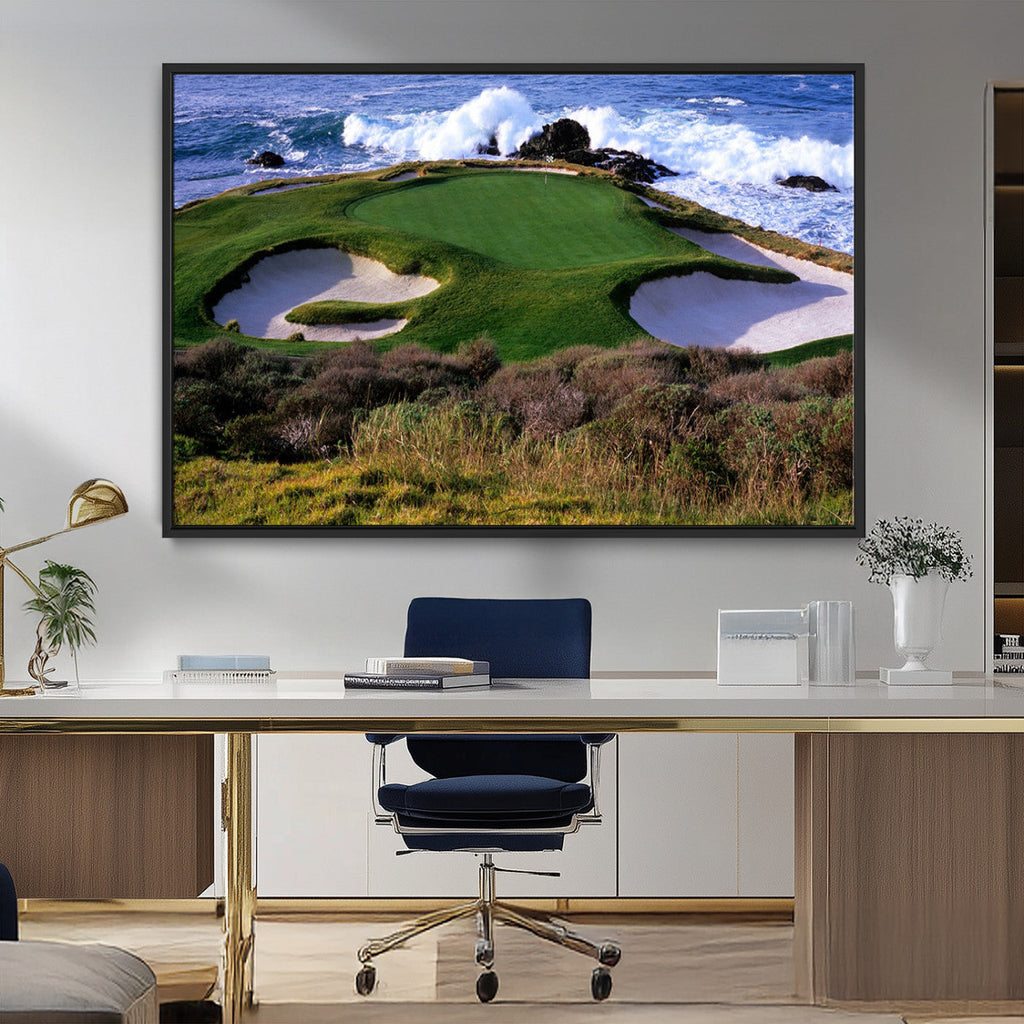Ocean Cliff Golf Course Wall Art Canvas Print, Waves Crashing, Coastal Golf Landscape