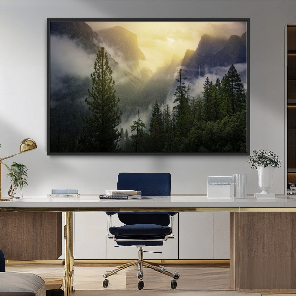 Misty Forest Sunrise Wall Art Canvas Print, Framed Mountain Valley Pine Trees