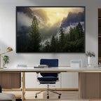 Misty Forest Sunrise Wall Art Canvas Print, Framed Mountain Valley Pine Trees
