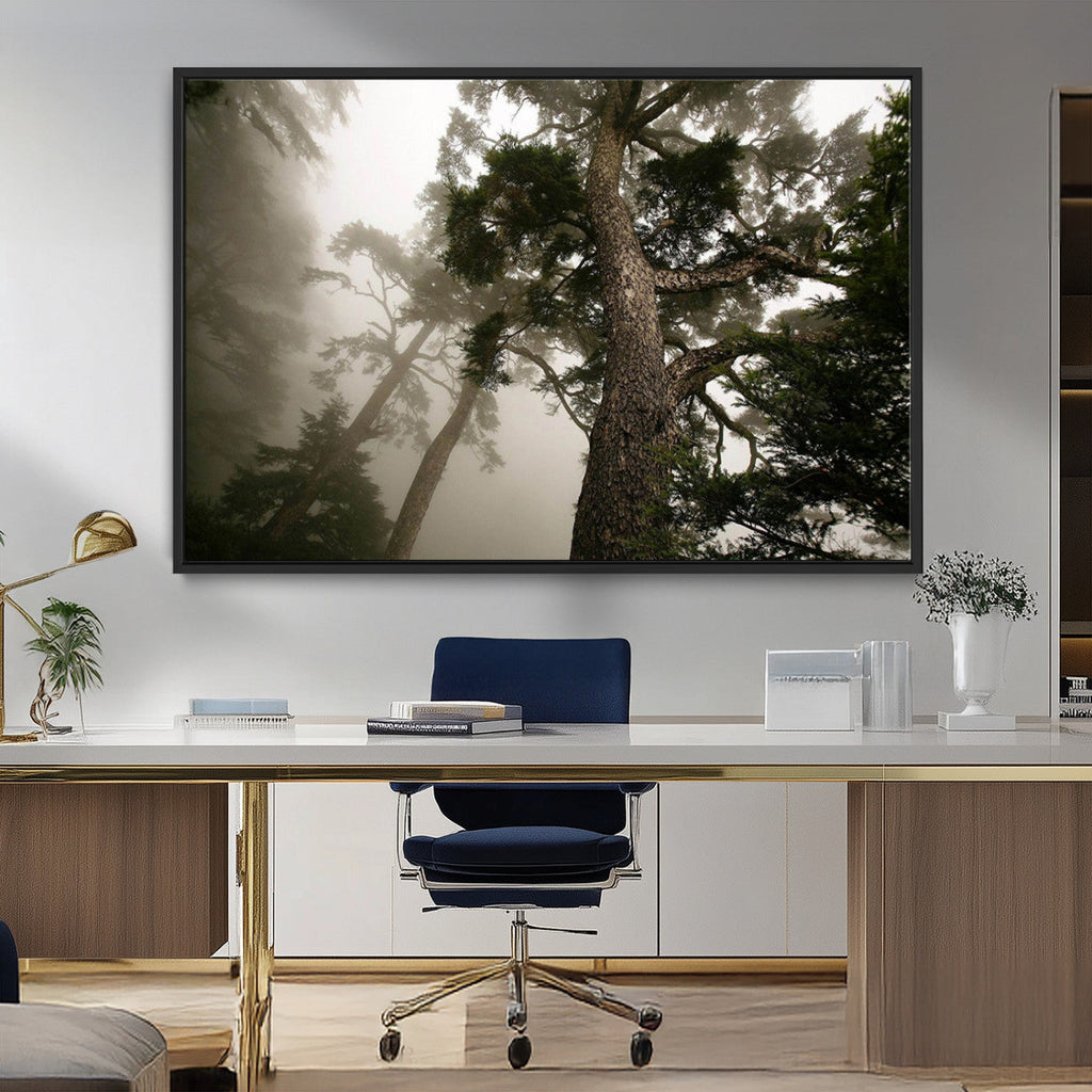 Misty Forest Wall Art Canvas Print, Framed Tall Trees in Foggy Atmosphere