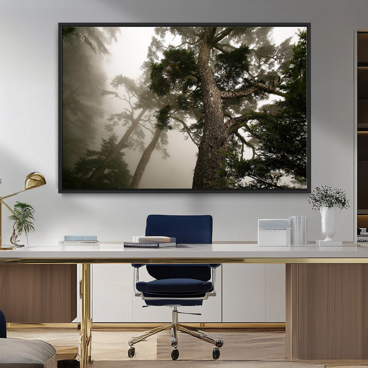 Misty Forest Wall Art Canvas Print, Framed Tall Trees in Foggy Atmosphere