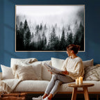 Foggy Forest Wall Art Canvas Print, Mountain Woodland Landscape, Minimal Nature Decor
