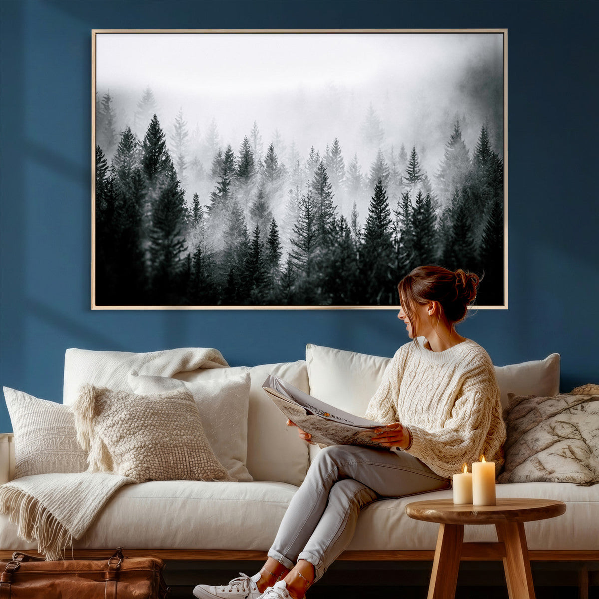 Foggy Forest Wall Art Canvas Print, Mountain Woodland Landscape, Minimal Nature Decor