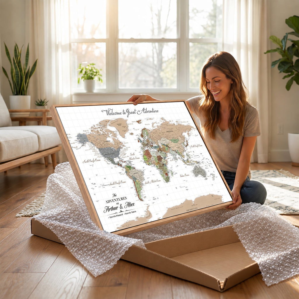 Custom Beige Push Pin World Map Wall Art, Bucket List Map, Study and Hallway Decor