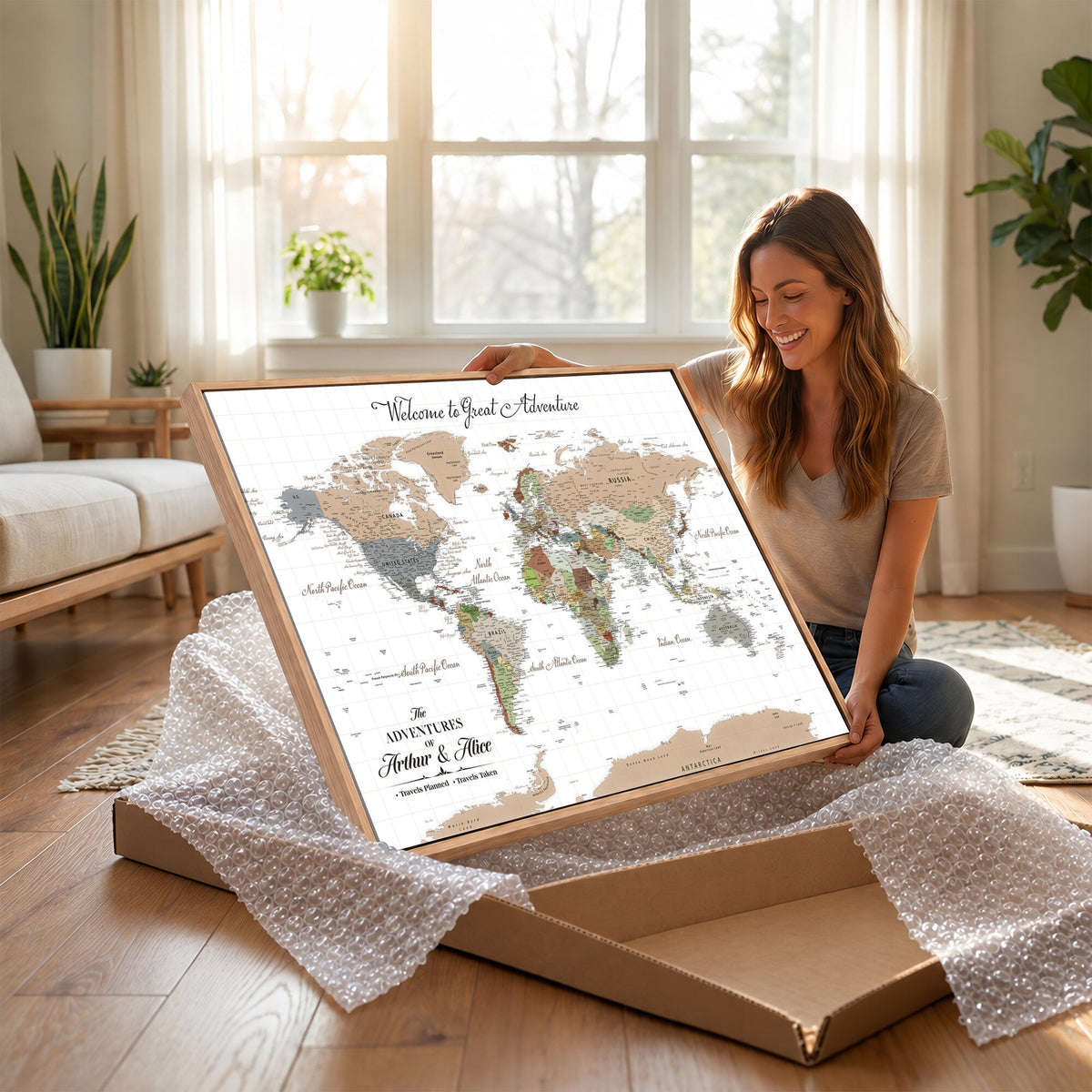 Custom Beige Push Pin World Map Wall Art, Bucket List Map, Study and Hallway Decor