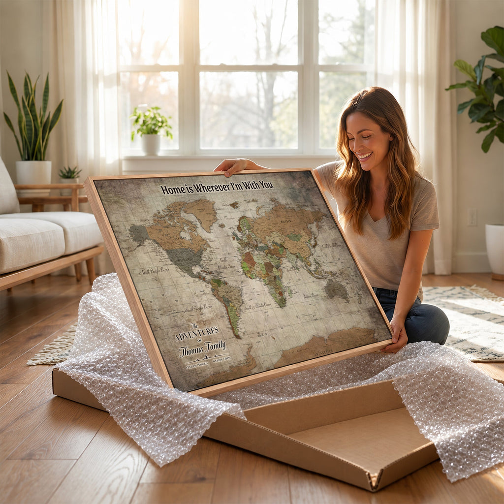 Personalized Beige Geometric World Map Canvas with Push Pins, Next Trip Planner Map, Study and Entryway Decor