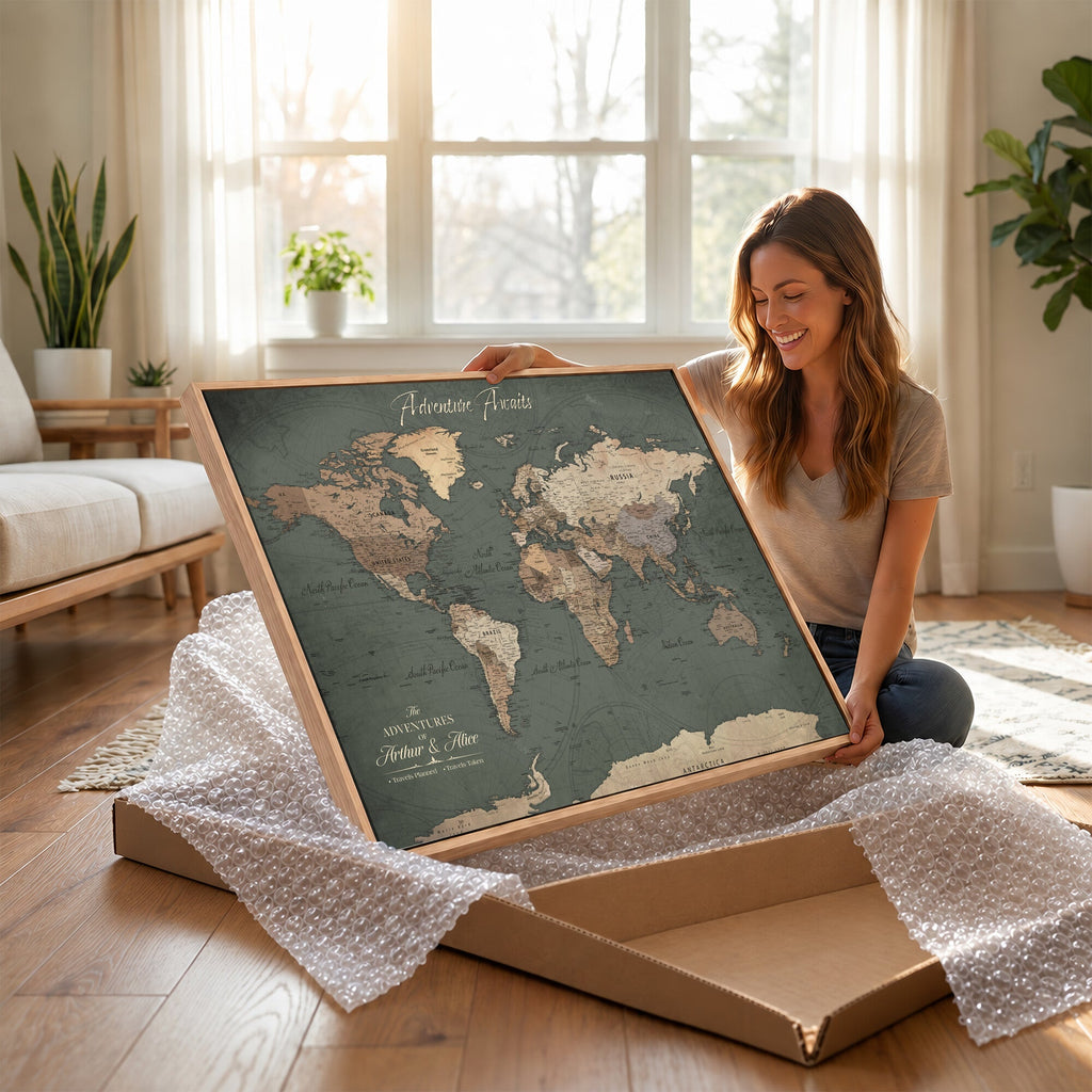 Personalized Framed Beige Modern World Map Canvas with Push Pins, Bucket List Map, Family Room and Dining Room Decor