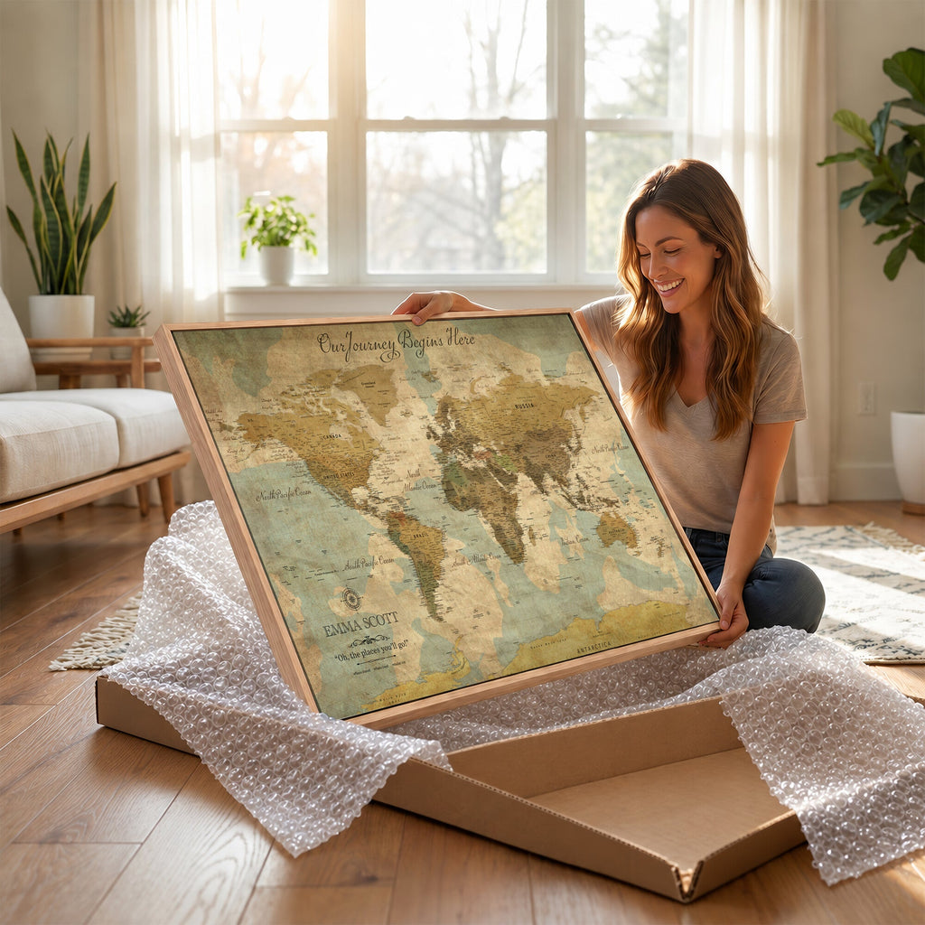Personalized Navy Push Pin Travel Map Canvas Print, Couples Countries Visited Map, Living Room and Dining Room Decor