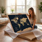 Personalized Navy Geometric World Map Canvas with Push Pins, Honeymoon and Anniversary Gift, Home Office and Hallway Decor