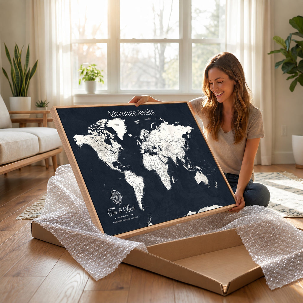 Custom World Map Wall Art Canvas Print | Personalized Push Pin Travel Tracker