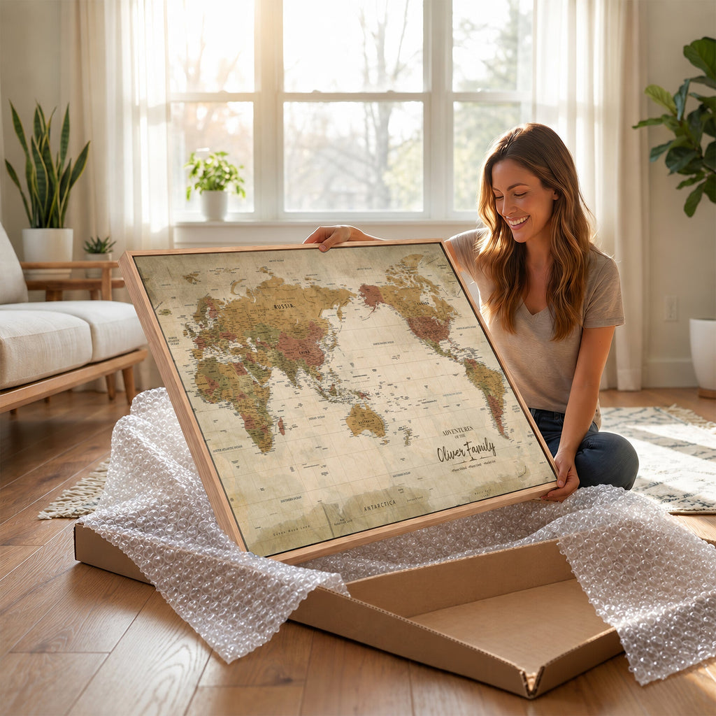 Personalized Framed Navy Modern World Map Canvas with Push Pins, Bucket List Map, Living Room and Entryway Decor