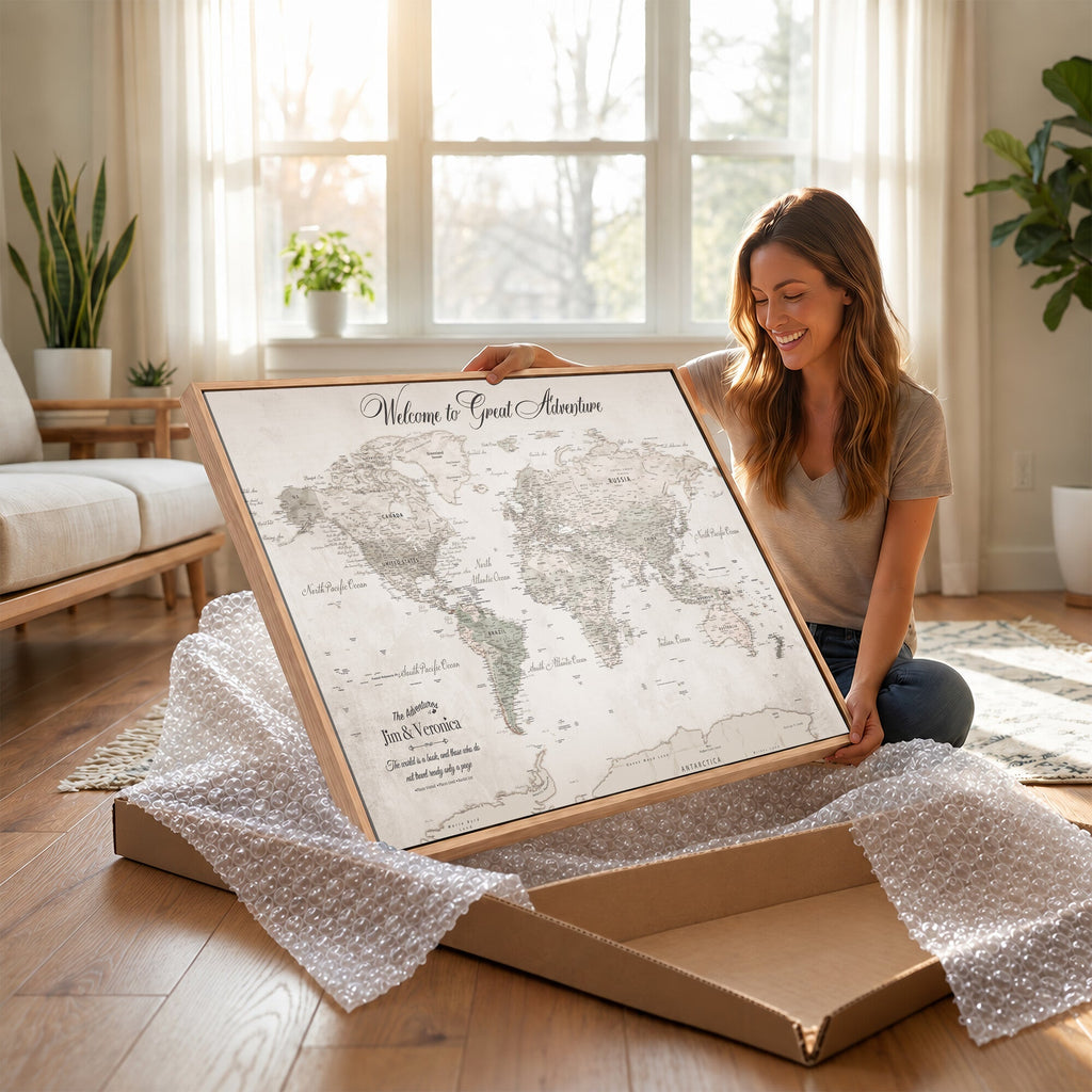 Personalized Beige World Map Canvas with Push Pins, Places Visited Tracker, Family Room and Entryway Decor