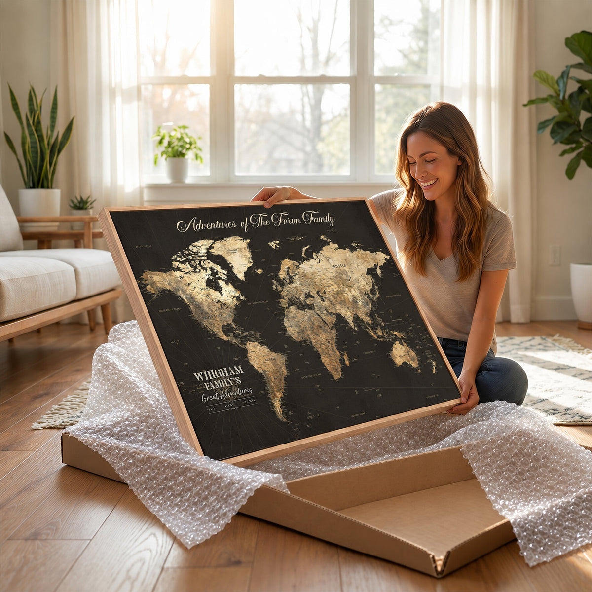 Personalized Framed Beige World Travel Map Wall Art with Pins, Couples Countries Visited Map, Family Room and Dining Room Decor
