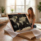 Personalized Framed Black Modern World Map Canvas with Push Pins, Next Trip Planner Map, Dining Room and Home Office Decor