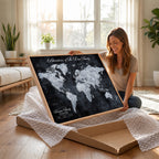Personalized Framed Beige Modern Push Pin World Map Wall Art, Places Visited Tracker, Family Room and Dining Room Decor
