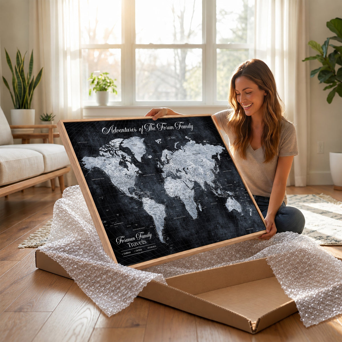 Personalized Framed Beige Modern Push Pin World Map Wall Art, Places Visited Tracker, Family Room and Dining Room Decor