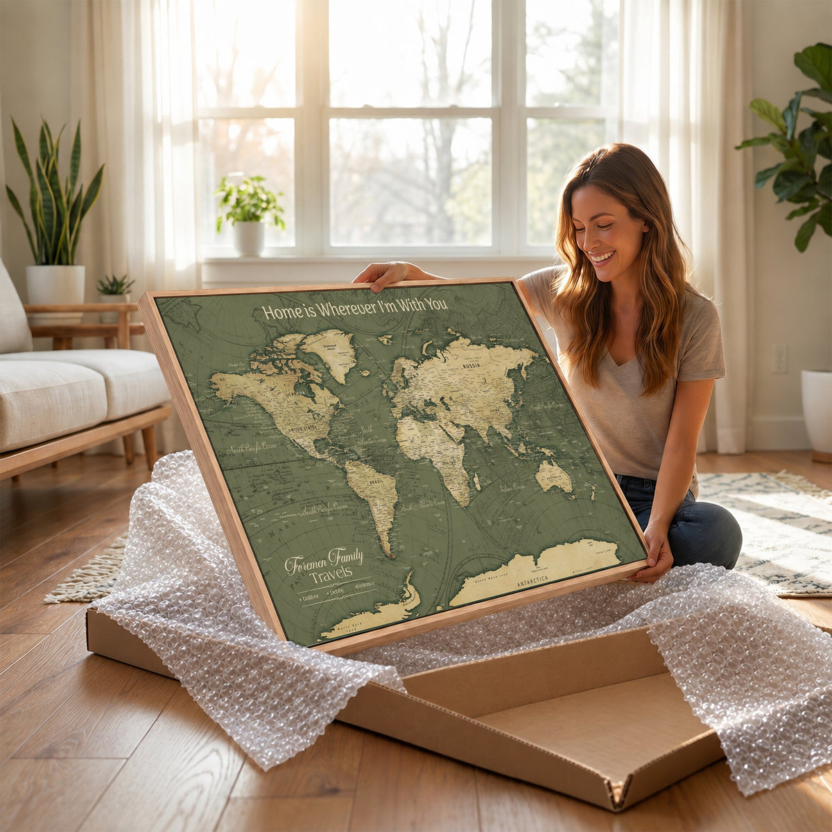 Personalized Framed Beige Geometric Push Pin World Map Canvas Print, Honeymoon and Anniversary Gift, Dining Room and Bedroom Decor