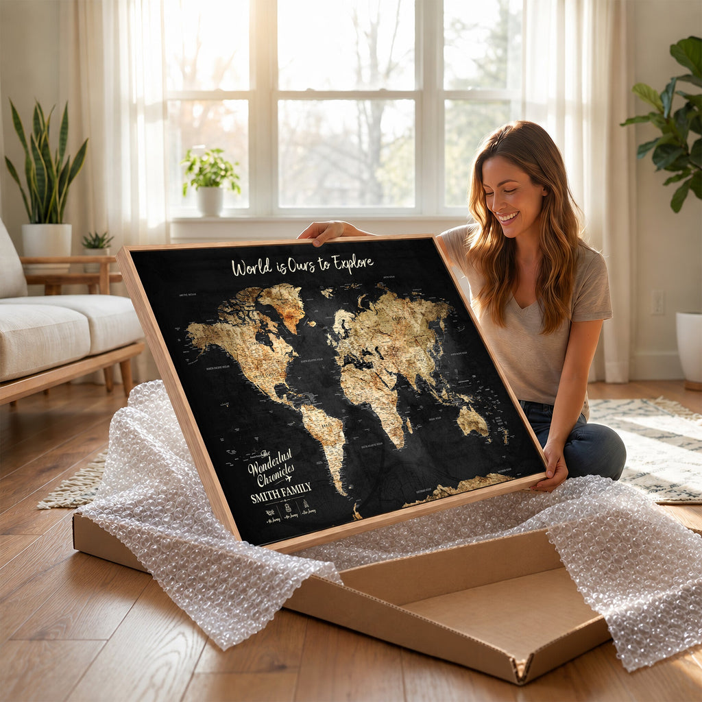 Personalized Framed Black Beige Modern World Travel Map Wall Art with Pins, Bucket List Map, Living Room and Hallway Decor