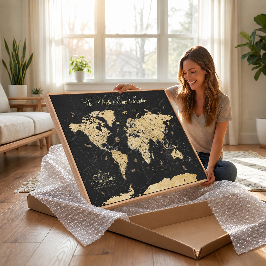 Custom Push Pin World Map Canvas Print, Couples Countries Visited Map, Living Room and Home Office Decor