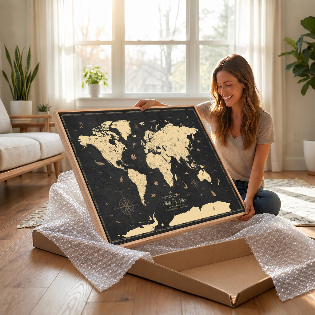 Personalized Beige Push Pin World Map Canvas Print, Places Visited Tracker, Home Office and Study Decor