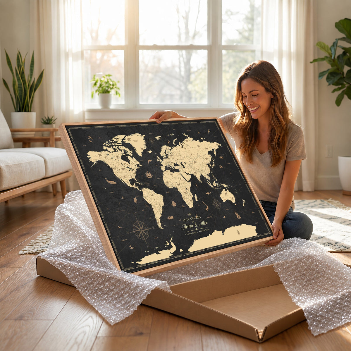 Personalized Beige Push Pin World Map Canvas Print, Places Visited Tracker, Home Office and Study Decor