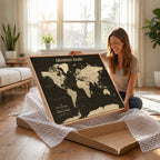 Custom Beige Push Pin World Map Wall Art, Next Trip Planner Map, Living Room and Home Office Decor