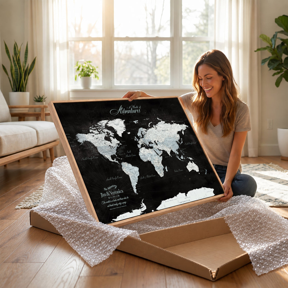 Custom Beige World Travel Map Wall Art with Pins, Places Visited Tracker, Bedroom and Home Office Decor