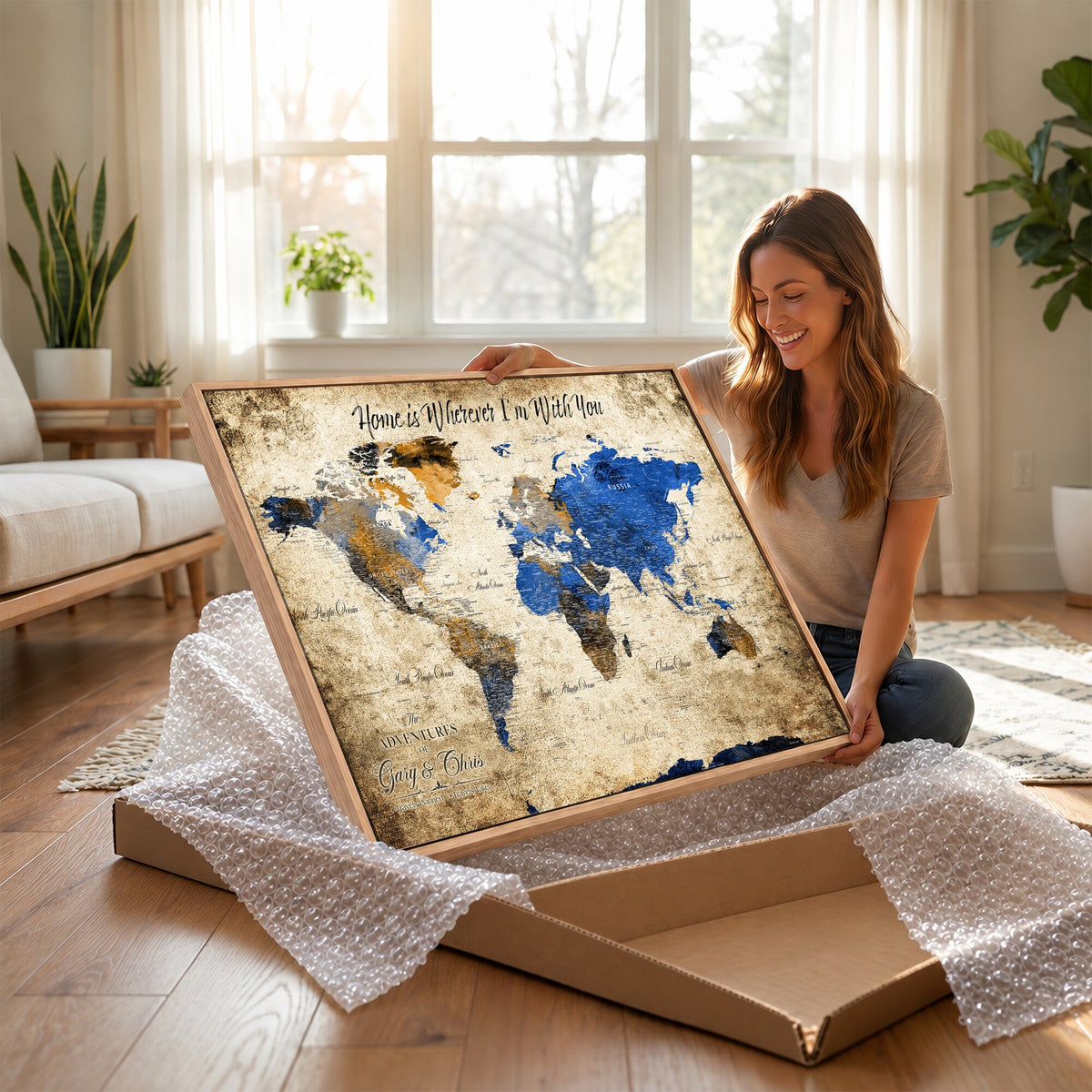 Personalized Framed Beige World Map Canvas with Push Pins, Honeymoon and Anniversary Gift, Living Room and Home Office Decor
