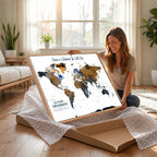 Personalized Framed Beige Modern Push Pin World Map Wall Art, Next Trip Planner Map, Family Room and Home Office Decor