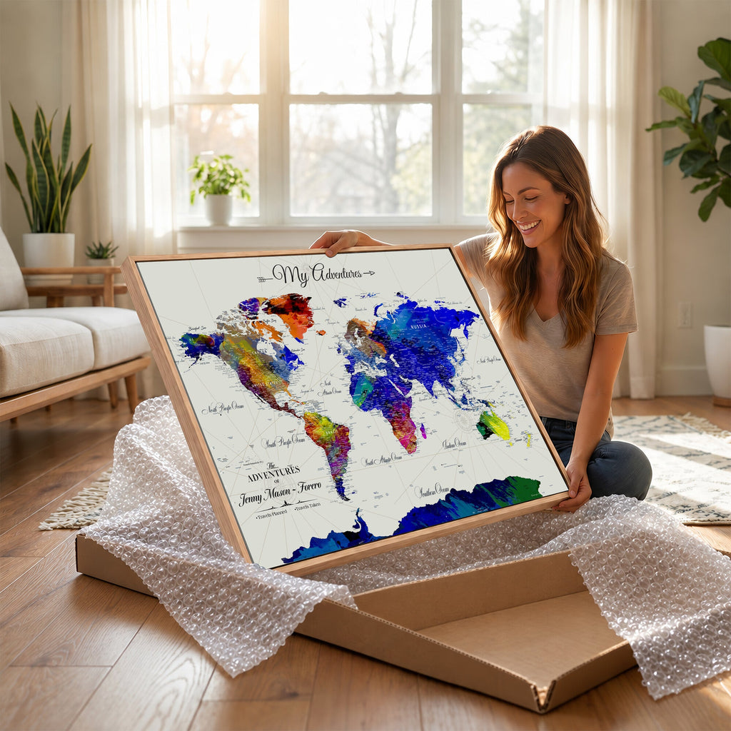 Detailed Custom Framed Beige Modern World Map Canvas with Push Pins, Honeymoon and Anniversary Gift, Dining Room and Home Office Decor